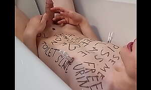 Teenage slave with bodywriting peeing all-over himself